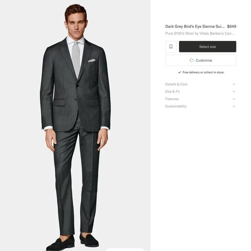 SuitSupply Sienna 42L dark charcoal gray birds-eye Super 130s VBC wool